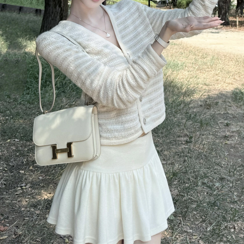 槿一【京都贵女】法式轻奢白色小香风编织外套女秋千金上衣套装潮|undefined