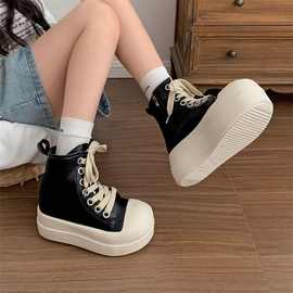 黑色厚底显瘦高帮鞋女秋款内增高帆布鞋软底休闲鞋百搭不累脚成年