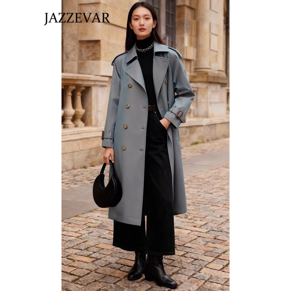 Jiazehua 2025 Laser-Style Long Double-Breasted Trench Coat for Women, British Style, Wrinkle-Resistant, In-Stock Women's Clothing