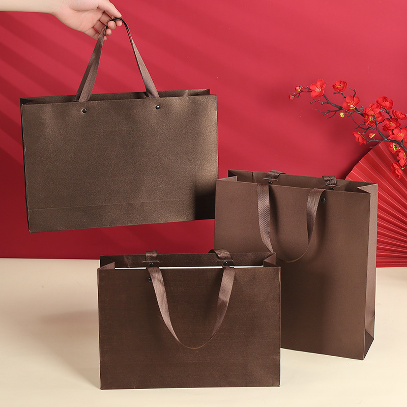 High-End Brown Silk Cloth Covered with White Cardboard Handbag Wooden Box Tea Bag Business Gift Bag Clothing Gift Bag