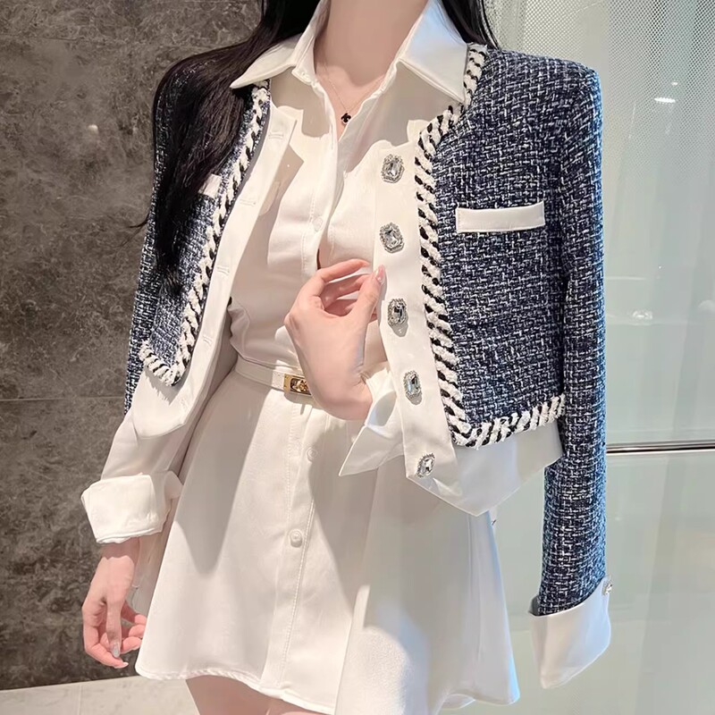 French-Style Tweed Color-Block Short Jacket for Women, 2026 Spring Season, Loose Fit, High-End Elegant Cardigan Top