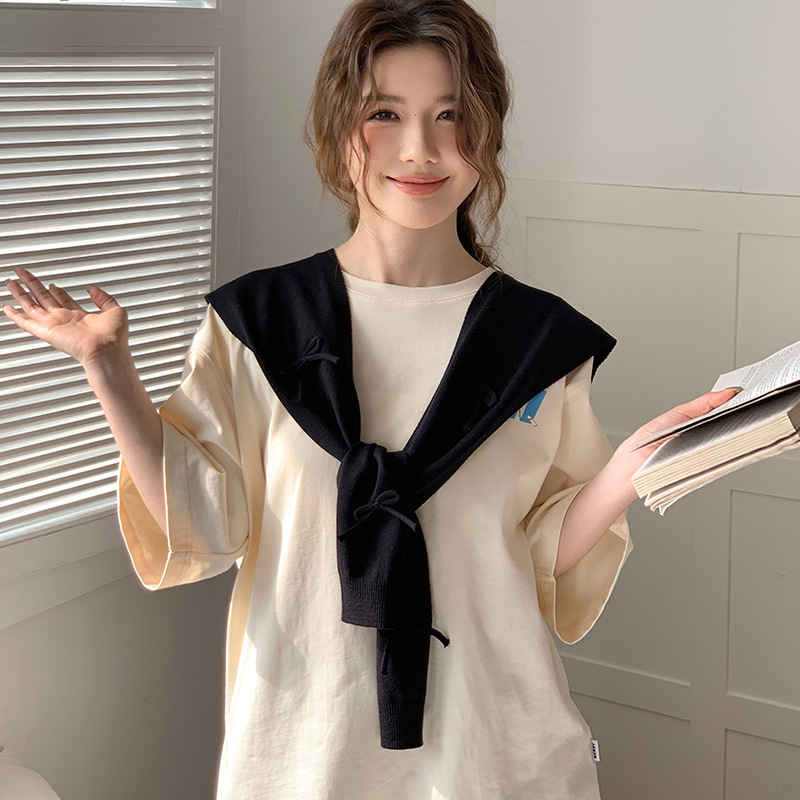 Sopa de punto para mujeres otoño y invierno nuevo arco tridimensional con falda camisa de nudos de cuello pequeño hombro de hombro