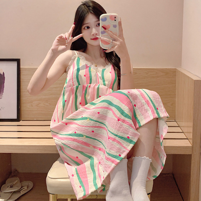 Nuevo vestido de pijama dulce mujer de algodón encantador simple estriado vestido de pijama casero falda en vivo comercio exterior al por mayor