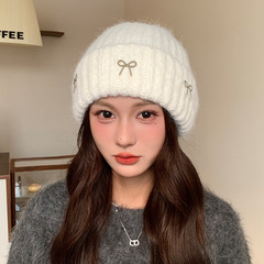 日系蝴蝶结毛线帽子女秋冬季大头围加厚保暖护耳针织帽显脸小冷帽