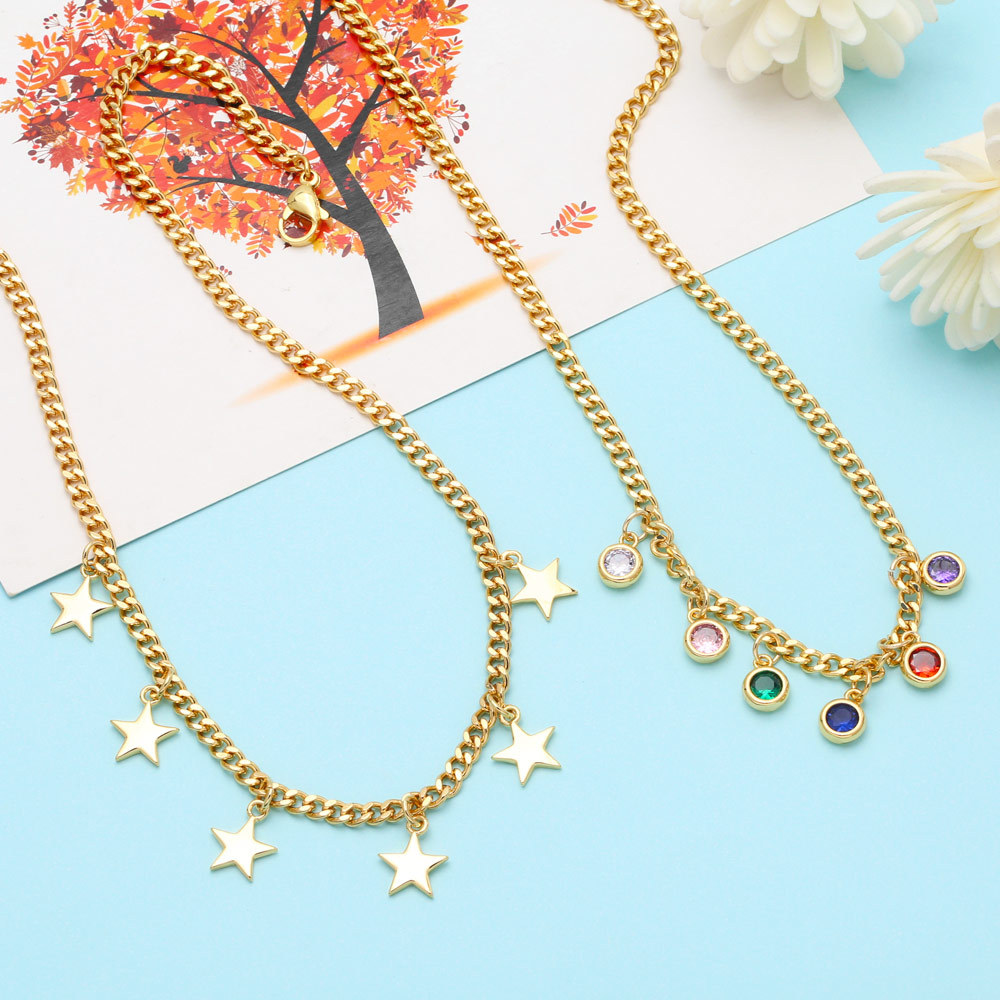 2022 New Fashion Elegant Geometric Star Colorful Zircon Inlaid Cuban Chain Necklace