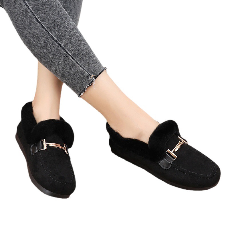 Women's Furry Shoes for Winter, Outdoor Wear, Fleece-Lined Cotton Slippers, 2025 Autumn New Style, Fleece-Lined Lamb Wool Loafers, Women's Shoes, Home Shoes