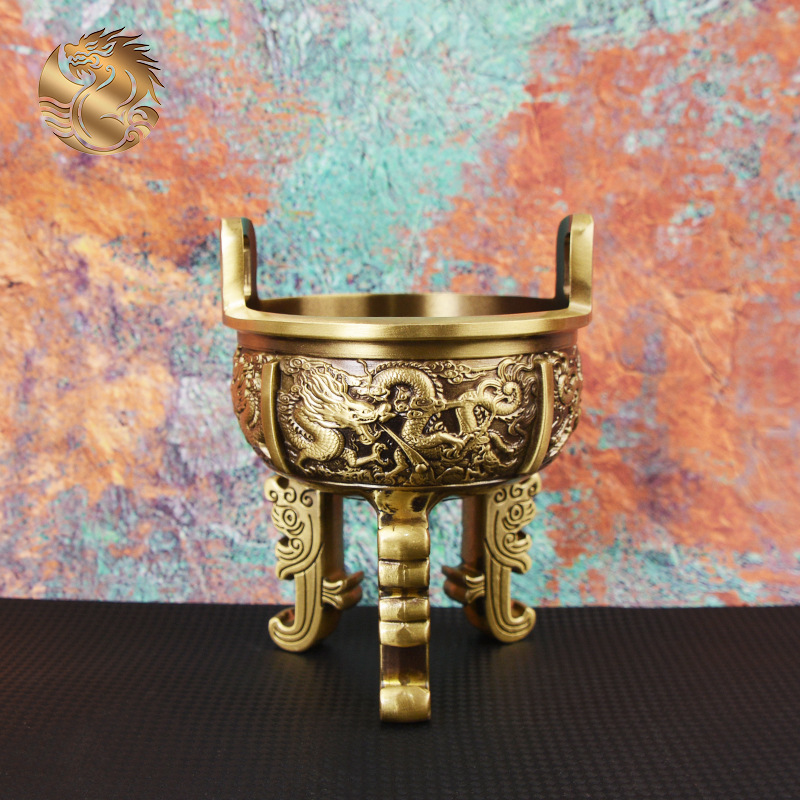 宏达 全黄铜三足鼎双龙戏珠铭文铜鼎办公室玄关铜鼎礼品摆件