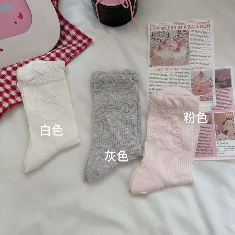 薄款日系凯蒂猫袜子女中筒无骨堆堆袜可爱Kitty猫蕾丝花边中筒袜|undefined