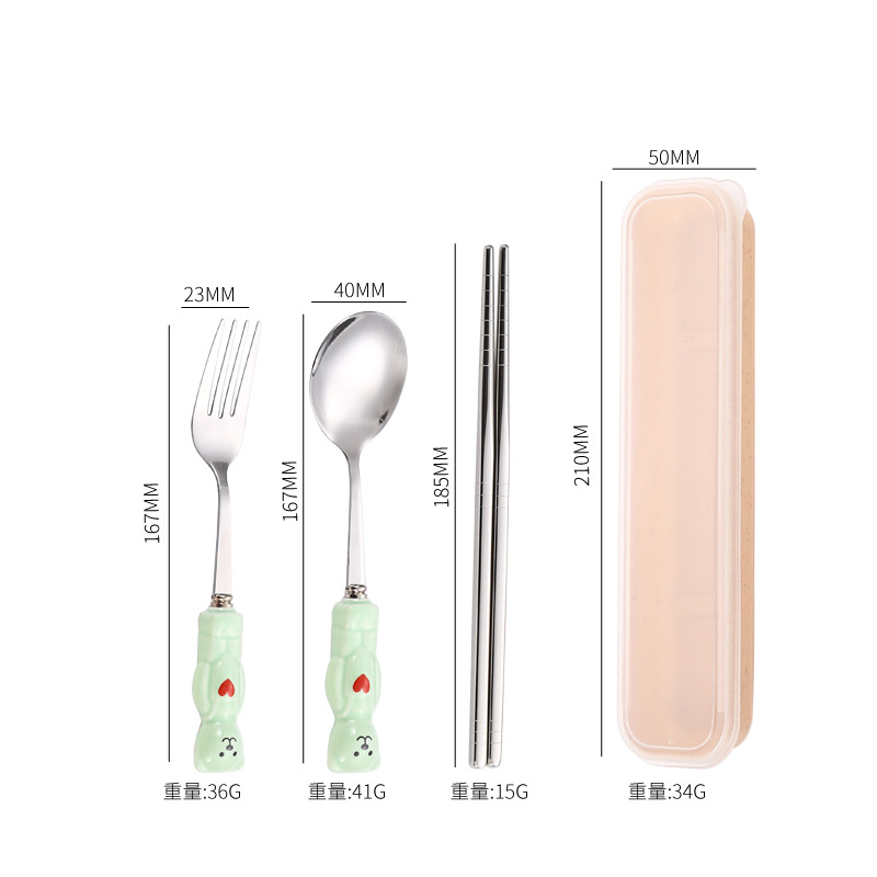 Corea del Sur ins lindo dibujos animados portátil de cerámica mango Acero inoxidable palillos Palillos vajilla hogar Bento desayuno
