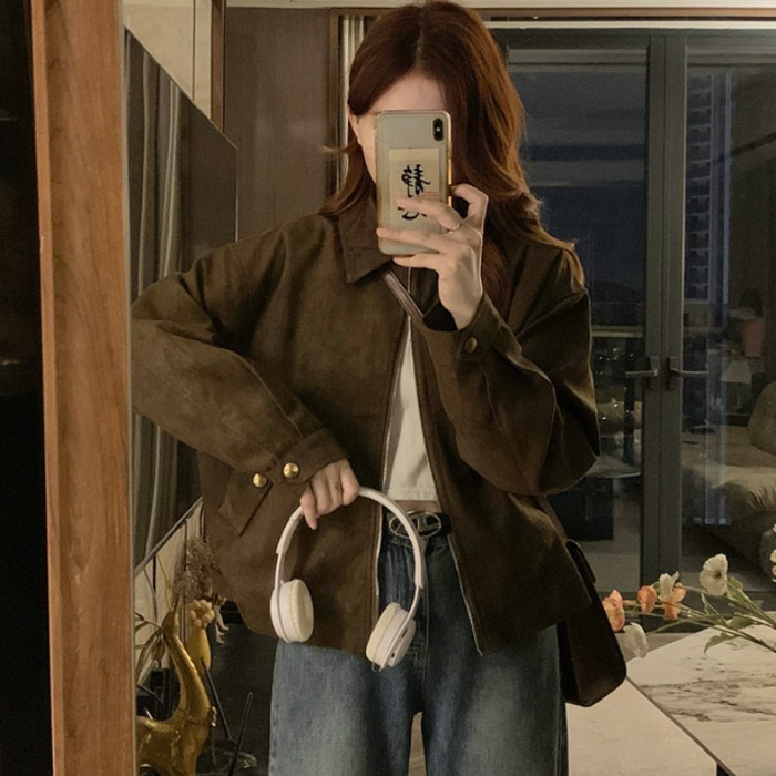 甜酷咖色麂皮绒外套女春秋新款复古小众短款美拉德上衣夹克小个子|undefined