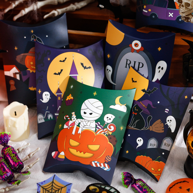 新款万圣节糖果盒创意枕头盒烘焙牛轧糖棒棒糖曲奇饼干包装盒空盒