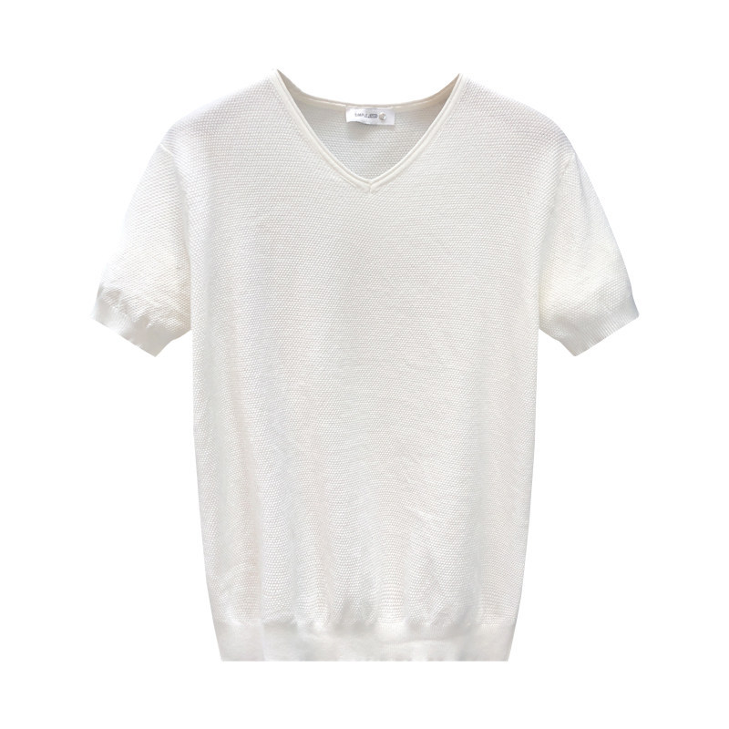 Camiseta de punto de manga corta camiseta de hombre elástica apretada cuello V de pollo cuello de corazón de hielo verano fábrica transfronteriza al por mayor sensación de hielo frío