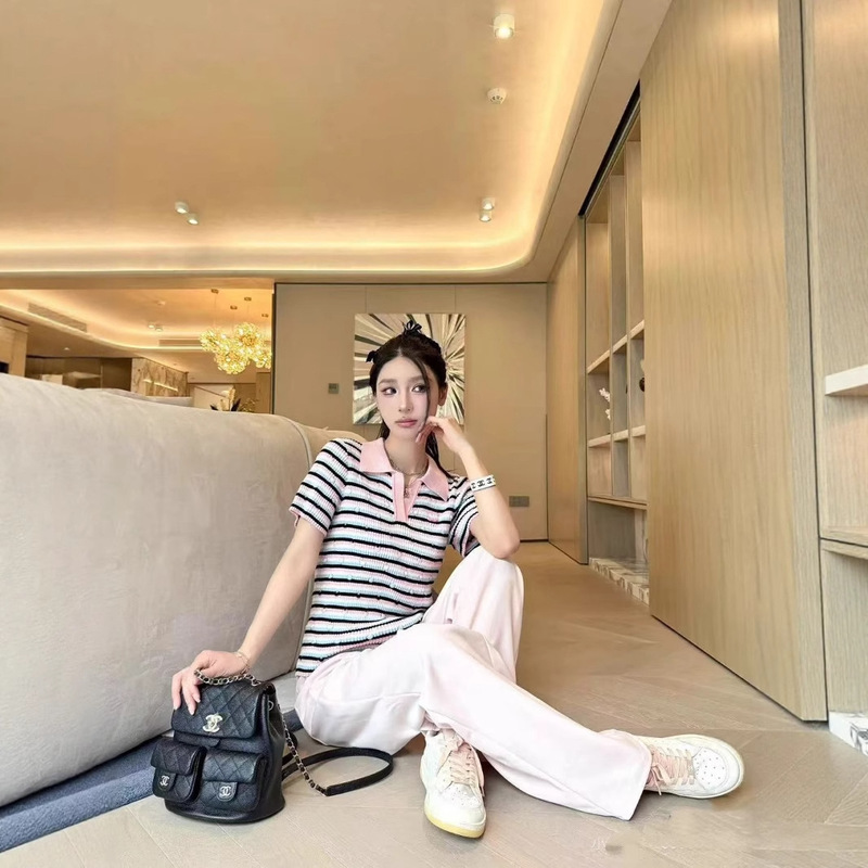 Ch25C Colorfulful Rhinestone Jacquard Stripesd Polo Shirt Pink Neckline and Classic Double C Logo Embellished Knitted Top