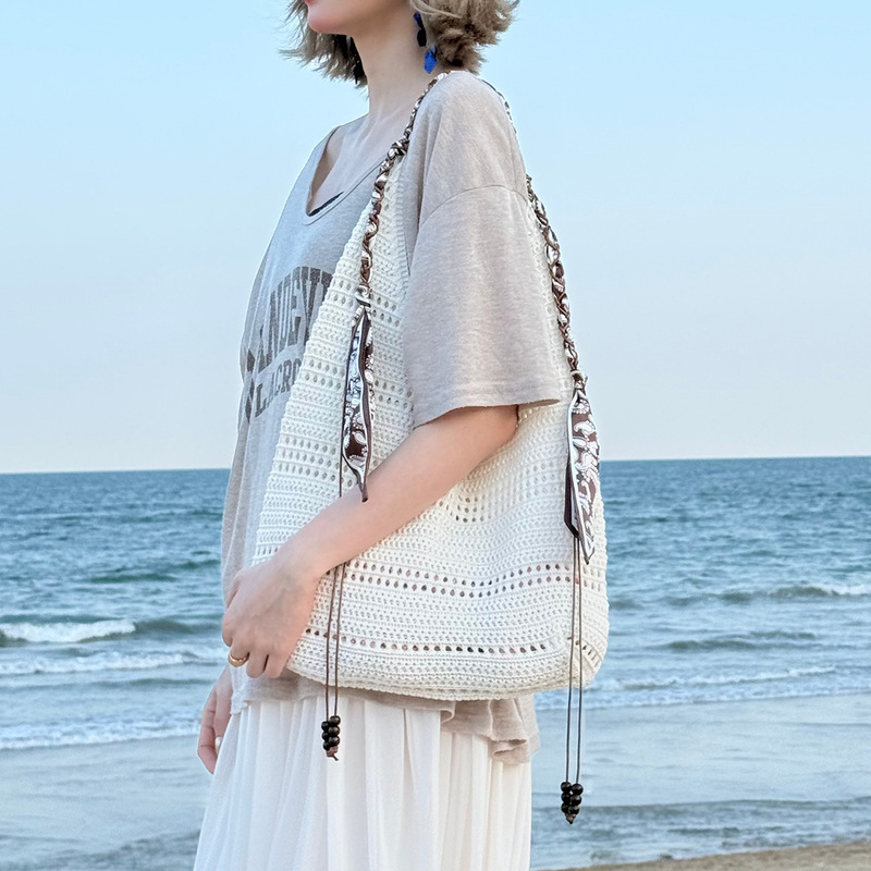 Bohemian Crochet Bag for Women, Spring and Summer Trendy Beach Bag, Vacation Shoulder Knit Bag, Large Capacity Tote