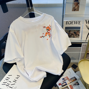 Foreign Trade Counter Withdraws Cut Label Tail Order ~ Chinese Retro Plum Blossom Embroidered Short-Sleeved T-Shirts for Men and Women Pure Cotton Tops