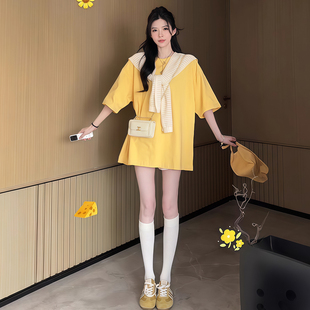 Yellow Mid-Length Loose Lazy Style Short-Sleeved T-Shirt for Women 2025 Summer New Dopamine Super Hot Age-Reducing Top