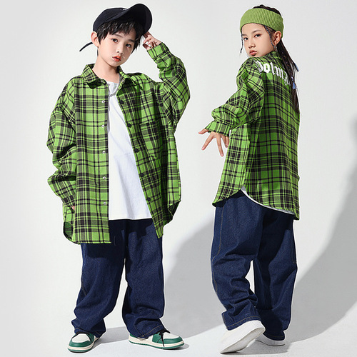 Girls boys green plaid jazz hiphop rapper street jazz dance costumes children girls  tide gogo dancers drummer performance suit children's model show clothing