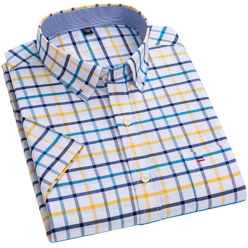 Camisa de hombre Oxford de algodón transfronterizo camisa de manga corta a cuadros finos de verano moda ropa de hombre de media manga delgada