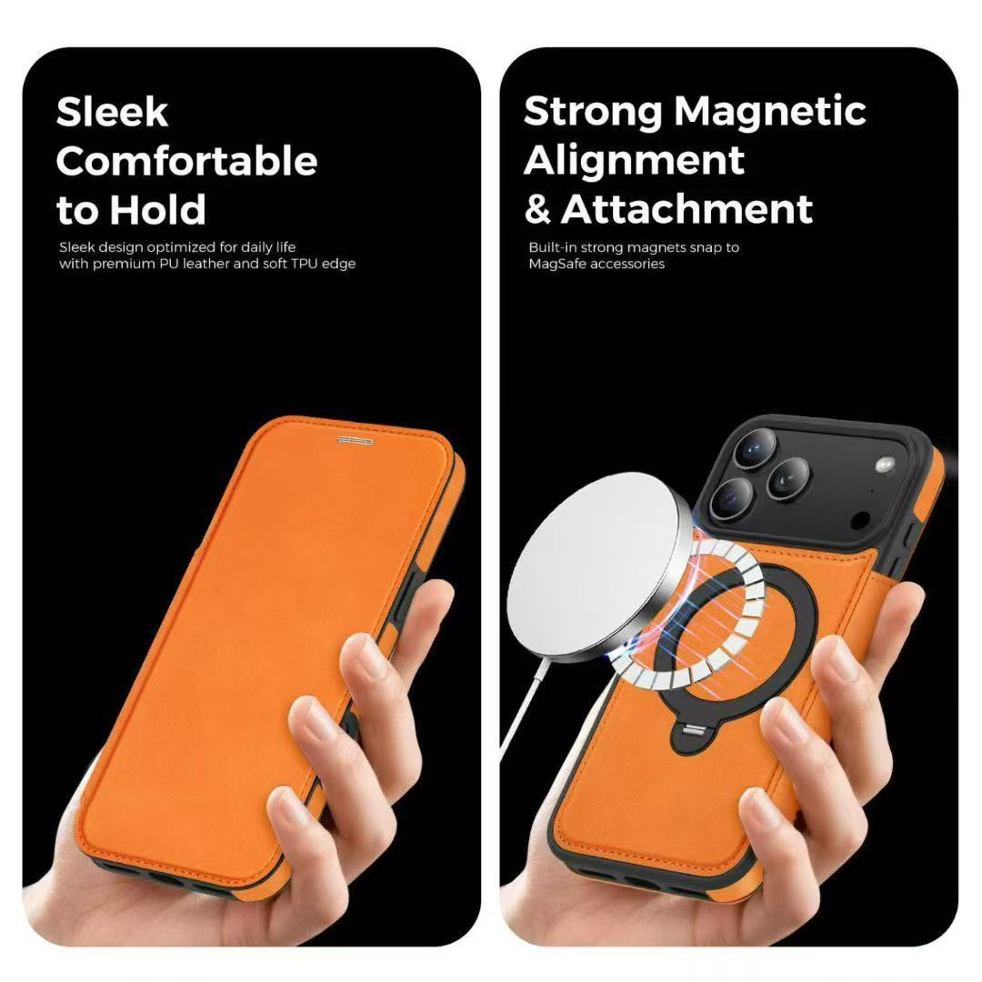 Ốp lưng da lật iPhone 16 Pro Max xoay 360 độ tích hợp giá đỡ từ tính — màu đen, màu xanh hoàng gia, Màu nâu, xám chi tiết 45