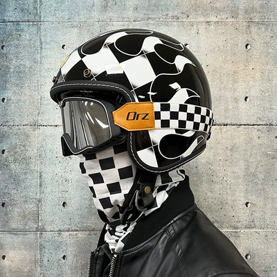 Dəbilqə (Kaska) aksesuarları, Orz Motorcycle Retro Helmet Men's - m-black-and-white-plaid-black-and-silver-goggles