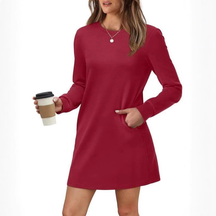 2024 ヨーロッパとアメリカの貿易クロスボーダー婦人服アマゾン爆丸首バックプリーツポケット長袖スウェットシャツドレス|undefined
