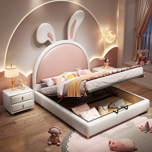 Children's Bed for Girls, Princess Bed, Modern Simple Cartoon Rabbit Bed 1.5m Single Bed for Bedroom, Storage Bed for Little Girls