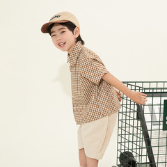 暢果童裝男童襯衫短袖兒童夏季新款格子襯衣中小童復古蝙蝠袖上衣