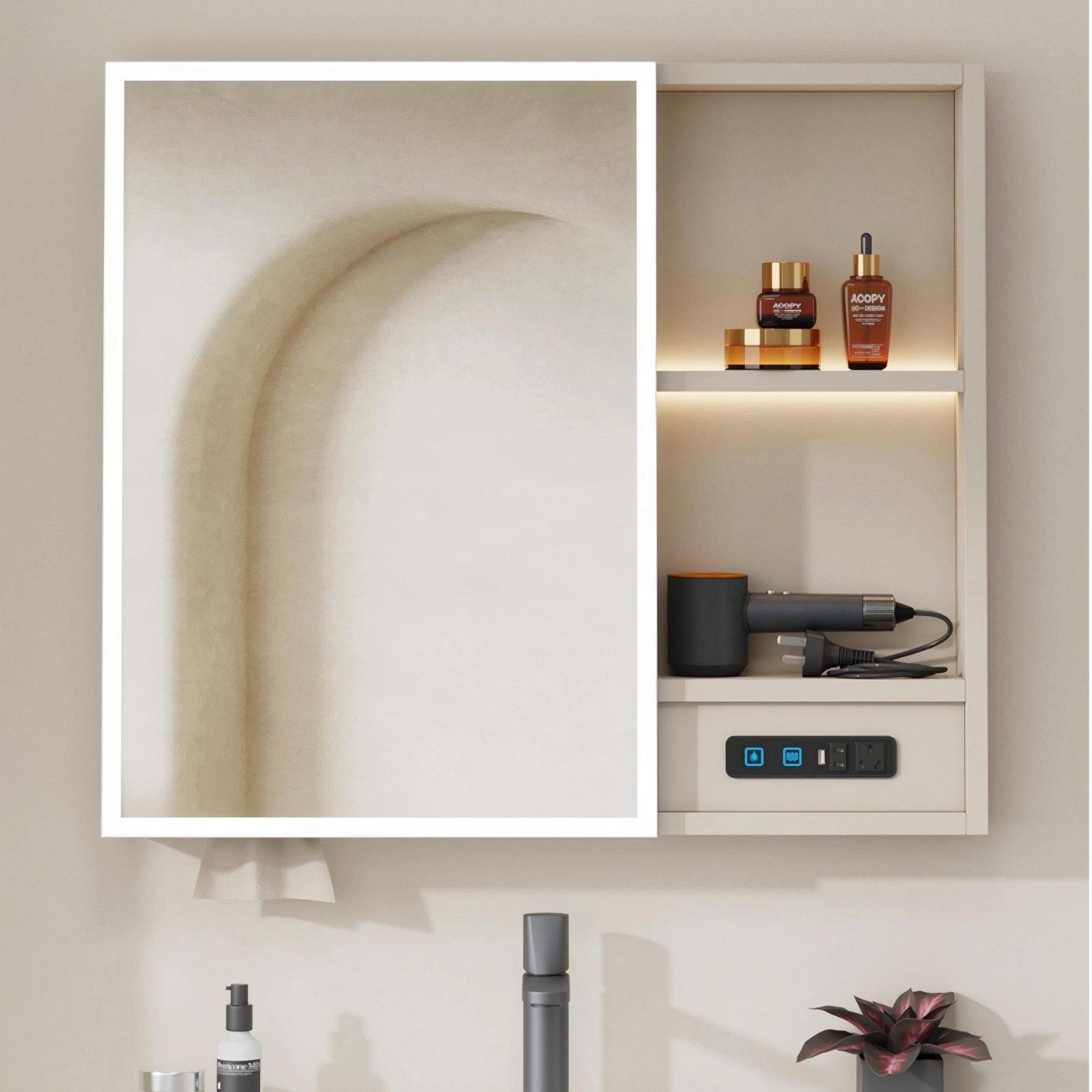 Baño de aluminio espacio único espejo de baño colgado tipo pared luminoso inteligente gran almacenamiento multifuncional enchufe gabinete de espejo de belleza