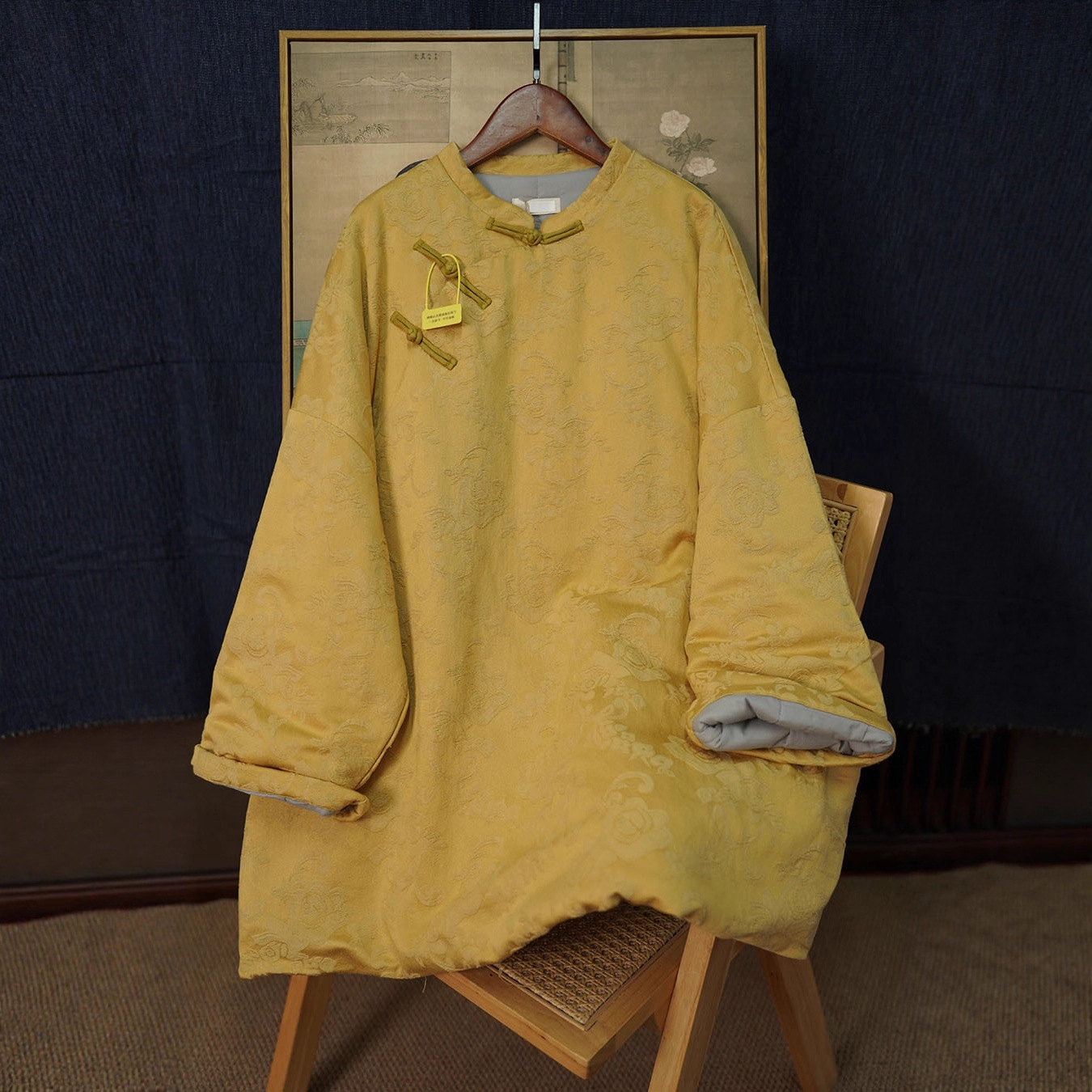 冬季新款 新中式棉麻国风立领斜襟手工盘扣套头宽松中长款棉服491