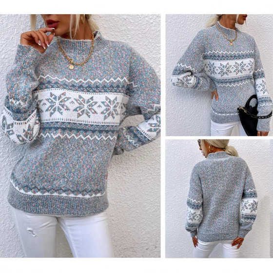 Cross-border foreign trade European and American women's clothing 2024 autumn and winter fashion Christmas snowflake pattern semi-turtleneck sweater pullover sweater