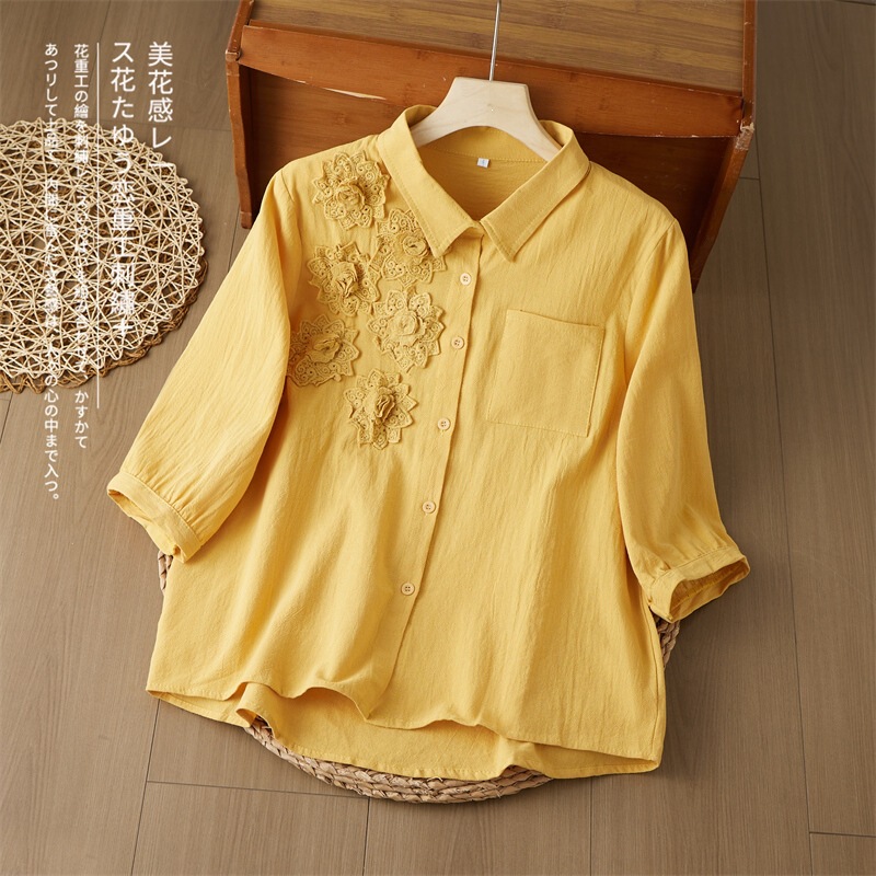 Lapel Cotton-Linen Shirt for Women with Lace 3D Corsage, Stylish and Elegant Blouse with Three-Quarter Sleeves, New Summer Artistic Top Lapel Cotton-Linen Shirt for Women with Lace 3D Corsage, Stylish and Elegant Blouse with Three-Quarter Sleeves, New Summer Artistic Top