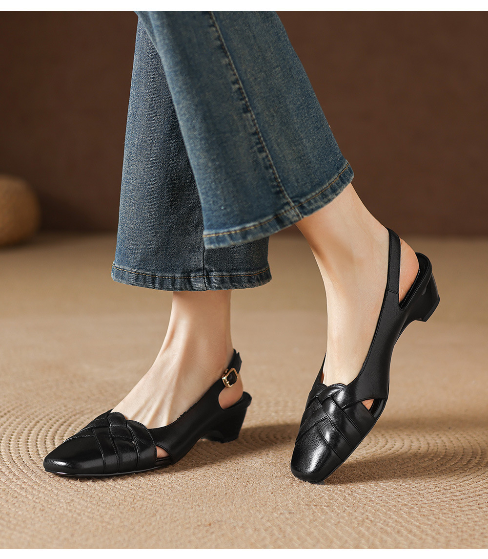 Sandal nữ da cừu mũi nhọn quai ngang gót vuông 6 cm — đen chi tiết 8