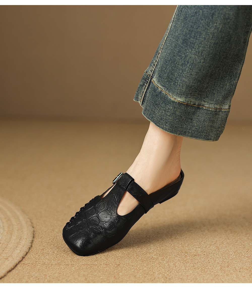 Dép nữ quai chữ T mũi nhọn kiểu vintage, đế bệt, size 34–41 — đen chi tiết 16