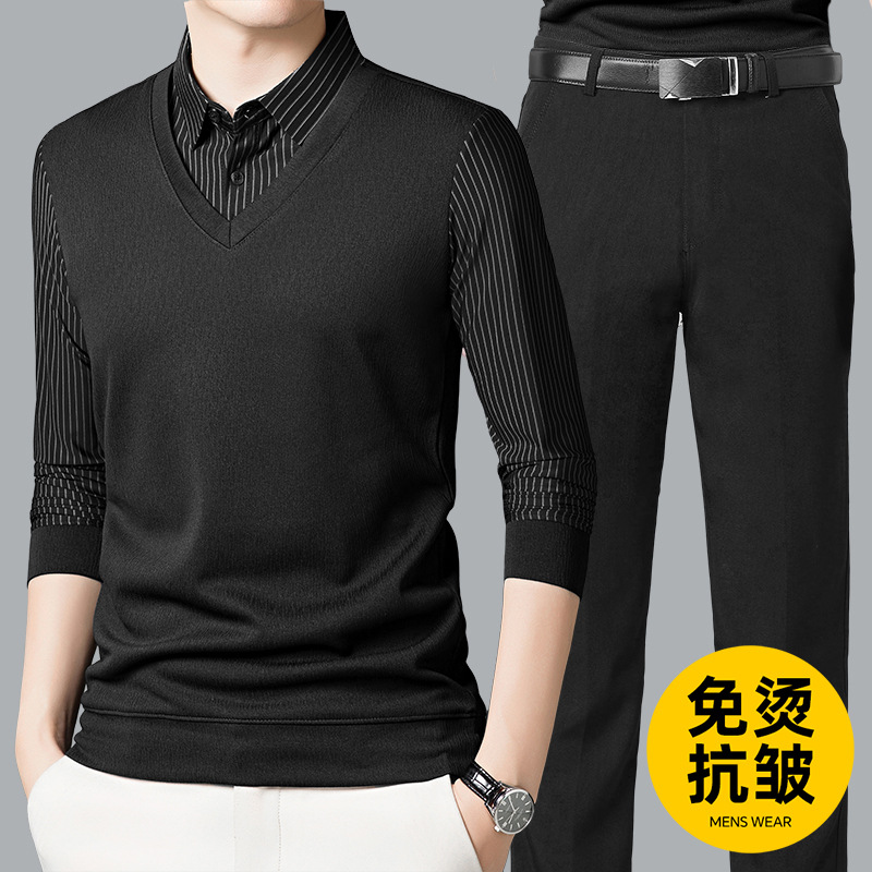 Nuevo traje de hombre de otoño y invierno transfronterizos de mediana edad, ropa de negocios, polo casual, pantalones de dos piezas