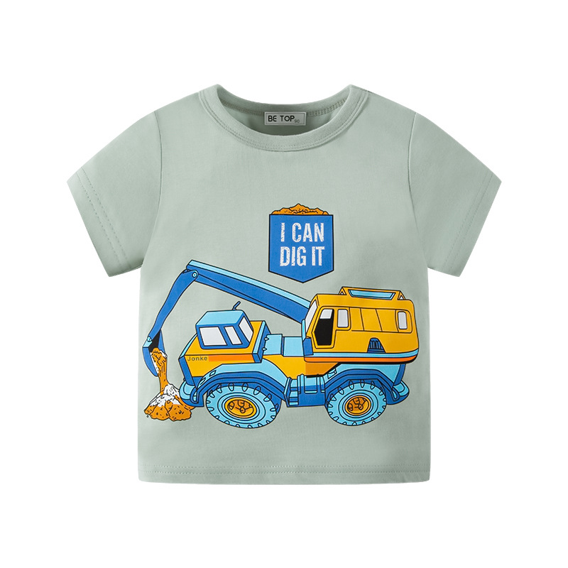 2024 Camiseta de manga corta de coche de dibujos animados para niños de verano excavando coche impreso superior ropa de bebé ropa para niños moda Generación de cabello