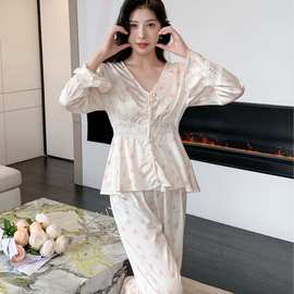 新款冰丝睡衣女性感蕾丝花边印花吊带睡衣纯欲风家居服套装可代发