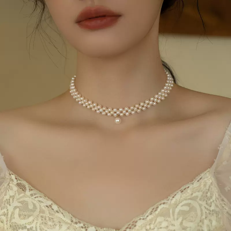 法式轻奢双层珍珠项链女小众锁骨链2025新款爆款颈链高级感毛衣链