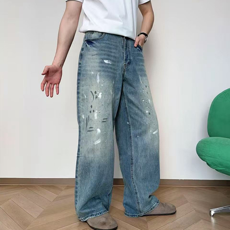 Gran tamaño de estilo americano de la calle alta pintado jeans de pierna de varón nuevo otoño retro hacer viejos chantalones de viento