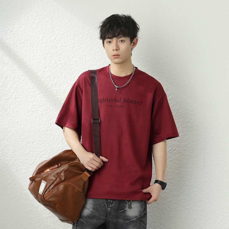 Monochrome Man- Textured Suede Casual Short T-Shirt For Men, Summer Loose Fit Trendy Brand Color Block Letter Print Half Sleeve Tee_voghion.com