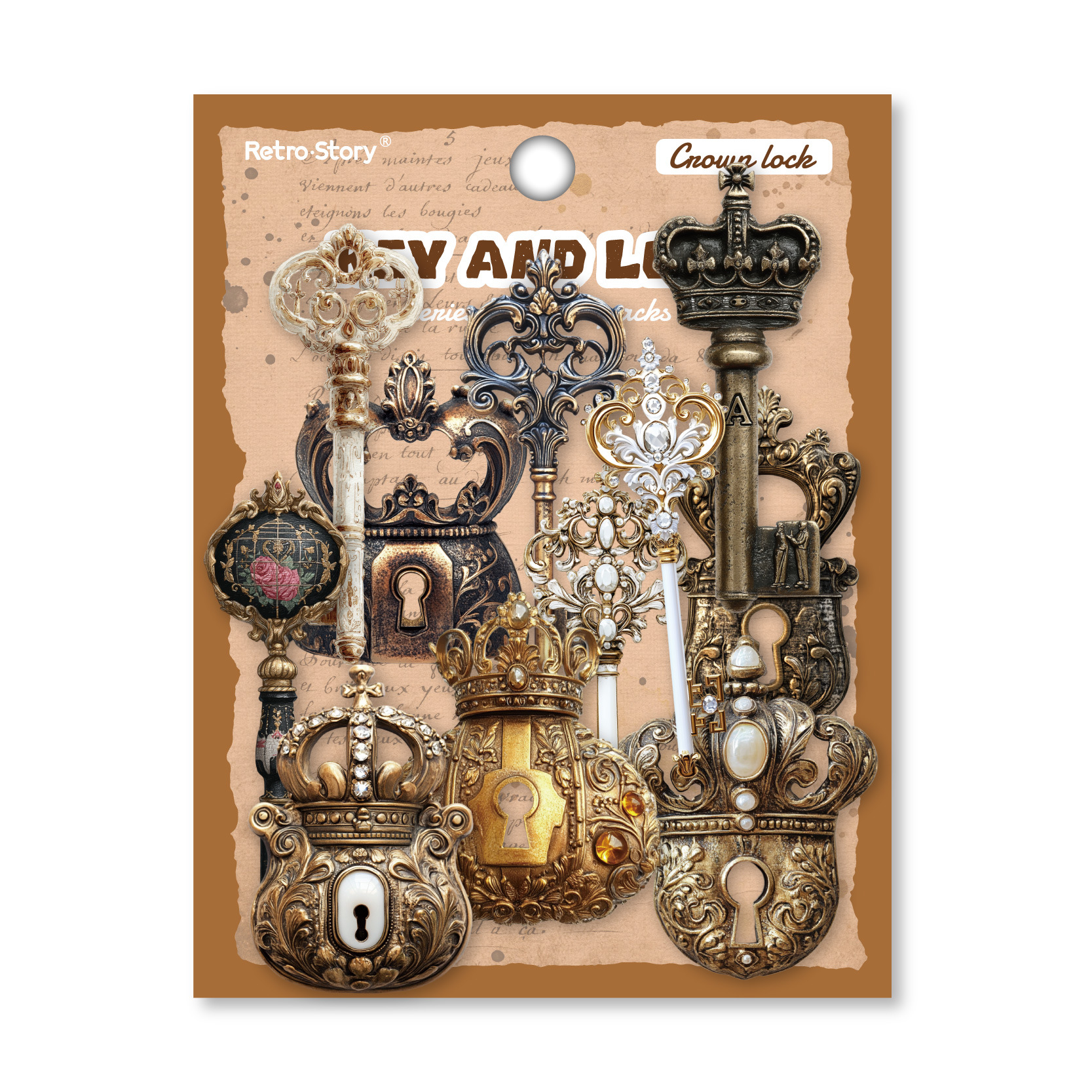 Retro Story Sticker Pack Lock Key Series Texto retro Tarjeta dura Material hueco Pegatinas de bricolaje