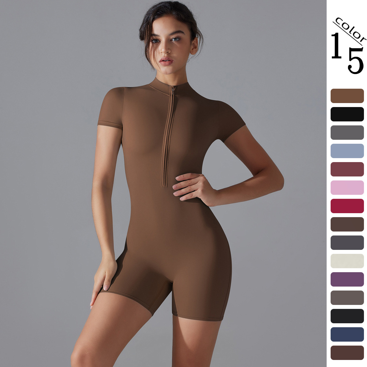 New European and American Summer Zipper Short-Sleeved Shorts Yoga Jumpsuit Women's Dance Fitness Tight Sports Jumpsuit