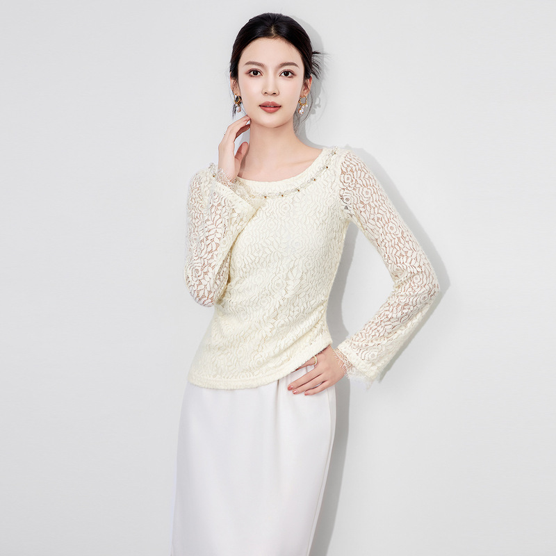 2511708-Nanyou Heavy Industry Exquisite Beading Gentle and Elegant French One-Neck Brushed Lace Bottoming Shirt T-Shirt