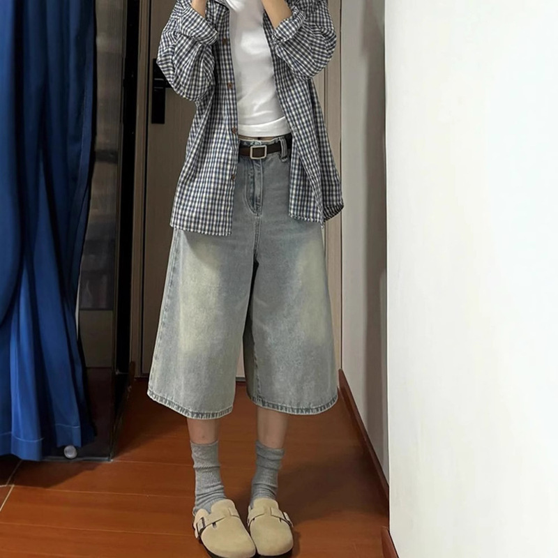 Women's Plus-Size Denim Cropped Pants, Slimming, Lazy Style, Wide-Leg Pants for Pear-Shaped Body, Loose Straight-Leg Pants Women's Plus-Size Denim Cropped Pants, Slimming, Lazy Style, Wide-Leg Pants for Pear-Shaped Body, Loose Straight-Leg Pants