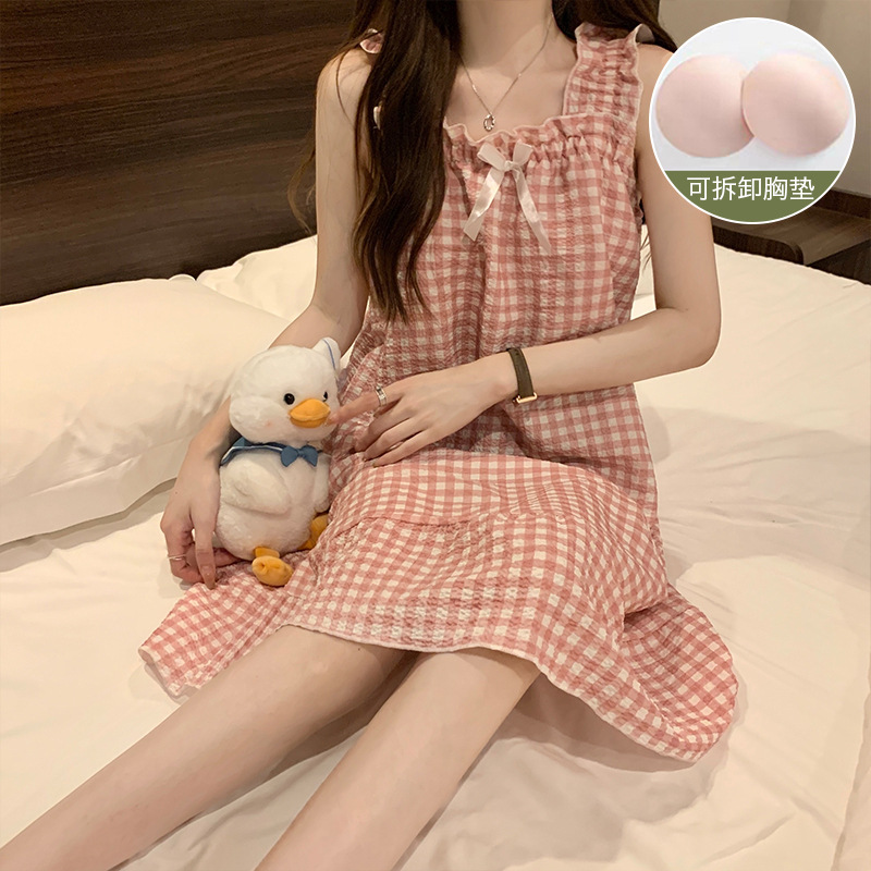 Camisón de verano las mujeres desmontable dulce Sling estudiante pijamas tejido burbuja algodón vestido desgaste en el hogar con el cojín del pecho