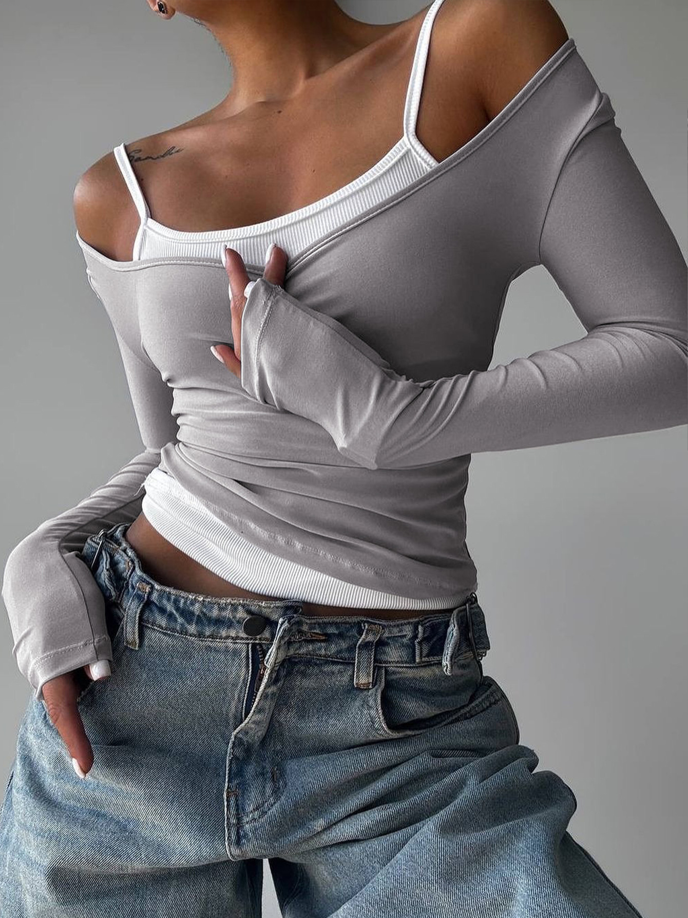 Damen Patchwork Strickjacke Und Tanktop Zweiteiler Herbst Design_voghion.com