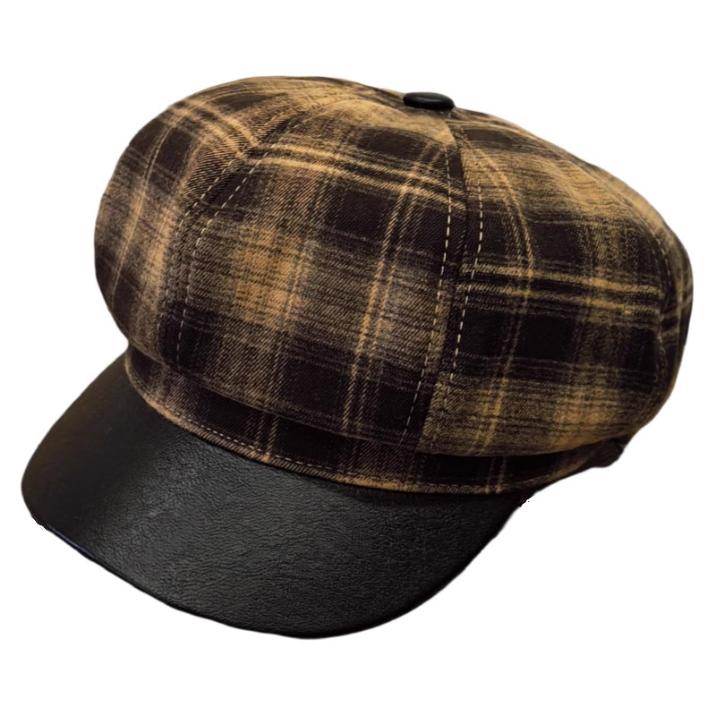 (2개) 한국식 가죽 브림 바느질 격자 무늬 팔각형 모자 여성 여행 베레 가을과 겨울 격자 무늬 레트로 캐주얼 뉴스보이 모자