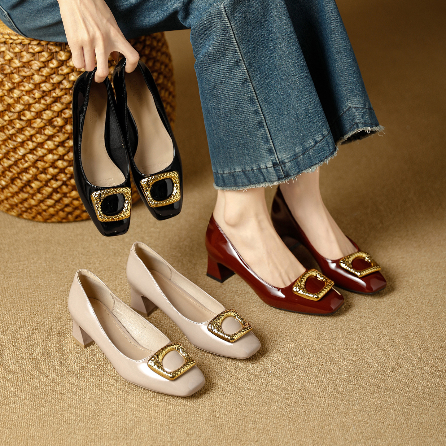 Soft Mary Jane 2026 Spring New French Patent Leather Toe Mid Chunky Heel Square Buckle Slip-On Single Shoes For Women_vogvips.com