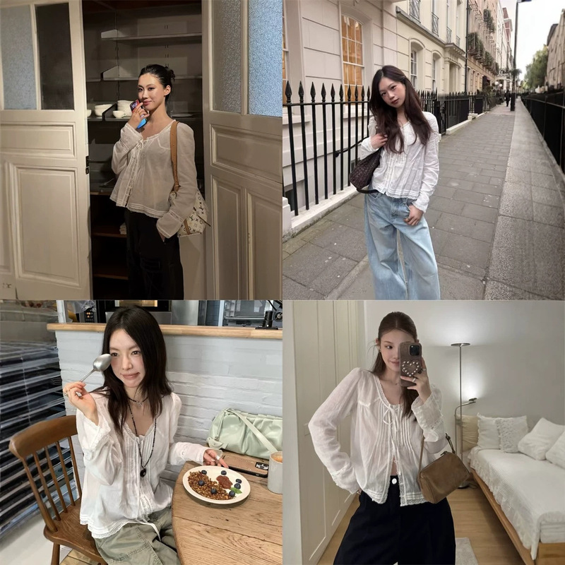 Little Bun Heart/Dong Linjun/Lu Ying Ivy Same Style Ramie Tencel Lace Round Neck Tie White Shirt for Women Little Bun Heart/Dong Linjun/Lu Ying Ivy Same Style Ramie Tencel Lace Round Neck Tie White Shirt for Women
