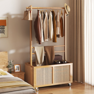 Coat Rack Household Multi-Functional Floor-Standing Storage Clothes Rack Bedroom Simple Rattan Wheeled Removable Clothes Rack