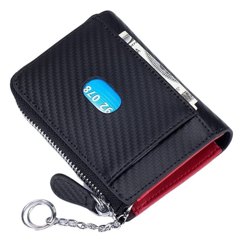 Tarjeta de visita bolsa de cuero genuino patrón de fibra de carbono Comercio exterior transfronterizo cremallera japonesa hombres de negocios tarjeta monedero RFID